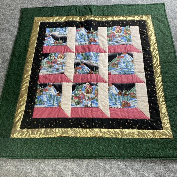 Christmas Wall Hanging‎ Quilt Handmade Square Printed Town Scenes Snow - Picture 2 of 15